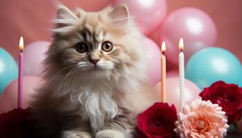 ai genererad söt kattunge Sammanträde, ser på ljus flamma, fira födelsedag genererad förbi ai foto