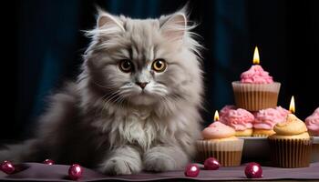 ai genererad fluffig kattunge Sammanträde, fira födelsedag med söt muffin gåva genererad förbi ai foto