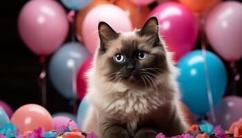 ai genererad söt kattunge med ballong, fira födelsedag, ser på kamera genererad förbi ai foto