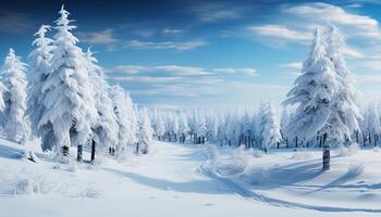 ai genererad lugn vinter- landskap snö täckt skog, frysta fjäll, fredlig solnedgång genererad förbi ai foto