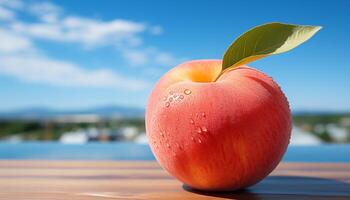 ai genererad färsk äpple på trä- tabell, symbol av friska äter genererad förbi ai foto