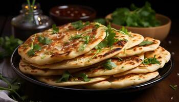 ai genererad hemlagad vegetarian pannkaka stack på trä- tallrik, redo till äta friskhet genererad förbi ai foto