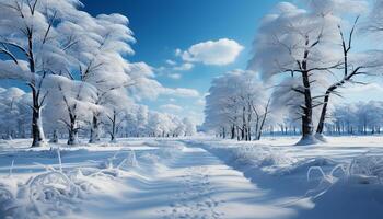 ai genererad lugn vinter- landskap snö täckt skog, frysta träd, blå himmel genererad förbi ai foto