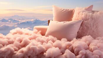 ai genererad fluffig kudde på säng, natur landskap ger avslappning inomhus genererad förbi ai foto