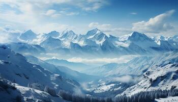 ai genererad majestätisk berg topp, snö täckt landskap, lugn scen, frysta skönhet genererad förbi ai foto