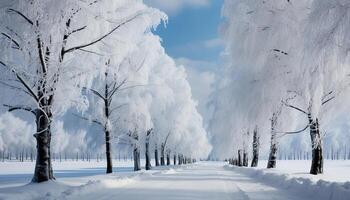 ai genererad vinter- landskap snö täckt skog, frysta träd, lugn snöig scen genererad förbi ai foto