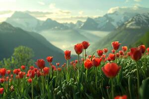 ai genererad röd tulpaner i alpina äng på soluppgång foto