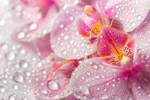 ai genererad daggig rosa orkide kronblad närbild foto