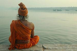 ai genererad gammal yogi var mediterar på de Bank av de ganges flod. den var tyst mitt i de morgon- solsken. Bakom honom är de se av varanasi symbol av fred, lugn och tro i hinduism. foto