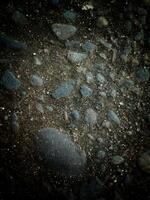 en samling av stenar spridd på de jord, varierande i storlek, form, Färg, och textur. foto
