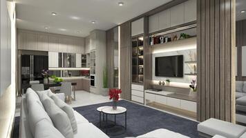 lyx interiör levande rum lägenhet integrera med kök område, 3d illustration foto