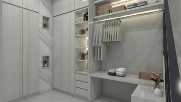 minimalistisk promenad i garderob design med kuggstång visa och strykning styrelse, 3d illustration foto