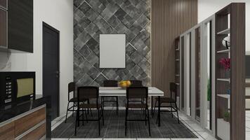 industriell dining rum design med sten vägg artificiell dekoration, 3d illustration foto