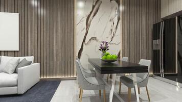 minimalistisk dining tabell design med marmor och trä- panel dekoration, 3d illustration foto