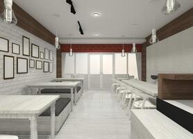 vit och modern restaurang design med ingång glas och vägg dekoration och prydnad, 3d illustration foto