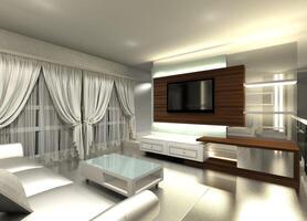 interiör levande rum med modern trä- tv skåp, 3d illustration foto
