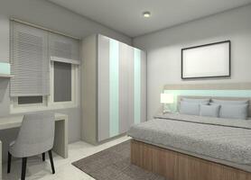 minimalistisk sovrum med enkel säng, garderob skåp och tabell skrivbord, 3d illustration foto