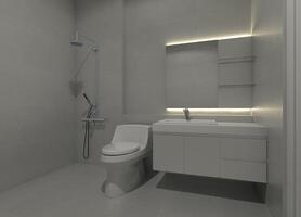 modern badrum aning med tvättställ skåp och dusch område, 3d illustration foto