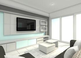 modern vägg TV skåp med minimalistisk tabell och låda kuggstång visa, 3d illustration foto