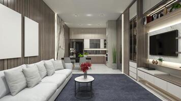 lyx levande rum design med TV skåp och bekväm soffa, 3d illustration foto