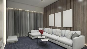 modern levande rum design med soffa säng och trä- vägg bakgrund dekoration, 3d illustration foto