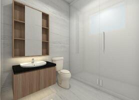 modern badrum design med trä- handfat skåp och dusch område, 3d illustration foto