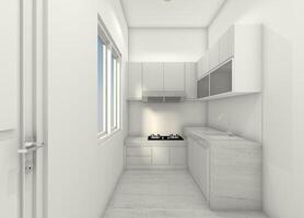 minimalistisk kök skåp attrapp utan material inredning, 3d illustration foto