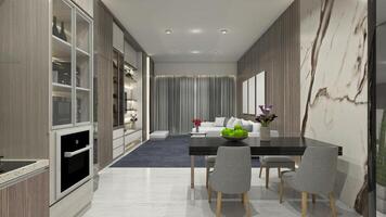 modern interiör dining rum och levande rum för lägenhet, 3d illustration foto