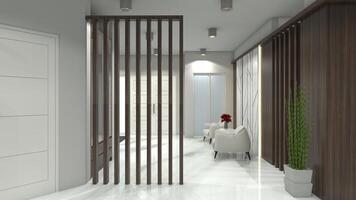 minimalistisk trä- dela och panel design för levande rum interiör, 3d illustration foto