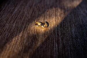 par av bröllop ringar på de trä. guld glans äktenskap par av ringar. foto
