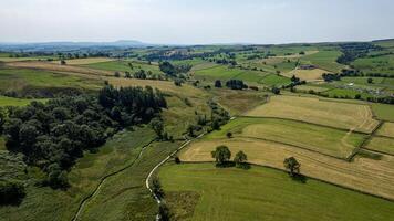 antenn se av frodig grön landsbygden med patchwork fält och slingrande banor under en klar himmel. foto