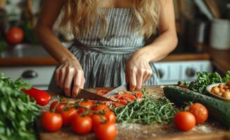 ai genererad kvinna skärande färsk grönsaker på trä- styrelse foto