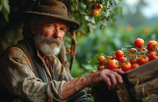 ai genererad senior man plockning tomater i hans trädgård organisk producera foto