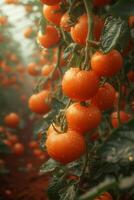 ai genererad tomat växter växande i en växthus. en sammankomst av mogen orange tomater suspenderad från grenar av en träd i en trädgård. foto