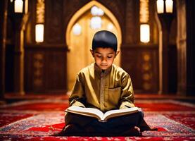 ai genererad muslim pojke läsning quran i moské foto