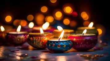 ai genererad diwali lampor lysande i en mörk rum foto