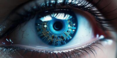 ai genererad smart Kontakt lins med biometrisk näthinnan implantat. de begrepp av de ny teknologi är iris erkännande. foto