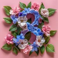 ai genererad siffra 8 tillverkad från blommor. dekoration för Mars 8, internationell kvinnors dag. på en rosa bakgrund foto