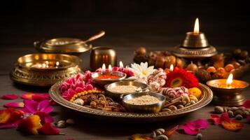 ai genererad diwali puja thali med helig symboler och offer för välsignelser foto