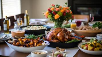 ai genererad en festlig rosh hashanah måltid med en mängd av maträtter foto