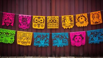 ai genererad dag av de död- papel picado banderoller i vibrerande färger foto