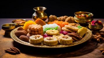 ai genererad diwali sötsaker och desserter på en tallrik foto