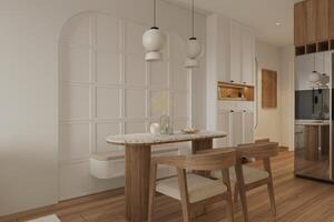 vit och trä- dining interiör med lång dining tabell foto