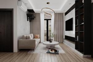 ljus och minimal levande rum interiör med eleganta möbel. foto