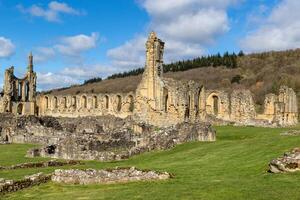 gammal kloster ruiner på en solig dag med blå himmel och moln, omgiven förbi grön gräs i yorkshire. foto