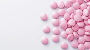 ai genererad rosa läsplatta piller ordentligt anordnad på en vit bakgrund, symboliserar medicinsk vård och välbefinnande, ai genererad. foto