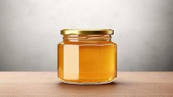 ai genererad en gyllene honung glas burk med riklig tom Plats, perfekt för beställnings- varumärke. ai genererad. foto