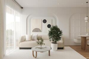 eleganta lägenhet interiör. vit vägg Färg, soffa och växter. foto