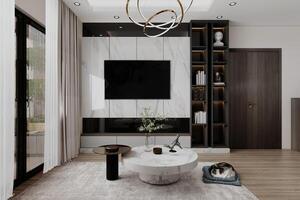 3d tolkning, rymlig levande rum design av modern bostad, med te tabell, TV panel foto