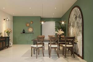 minimalistisk dining rum interiör design, funktionell inredning med botanik och pop- Färg vägg måla. foto